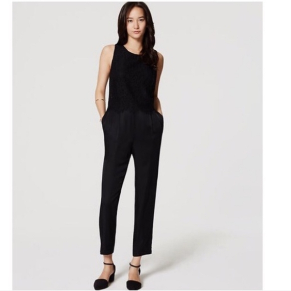 Ann Taylor LOFT Black Satin Lace Jumpsuit Size 4 Sleeveless Cocktail Formal - Picture 1 of 10